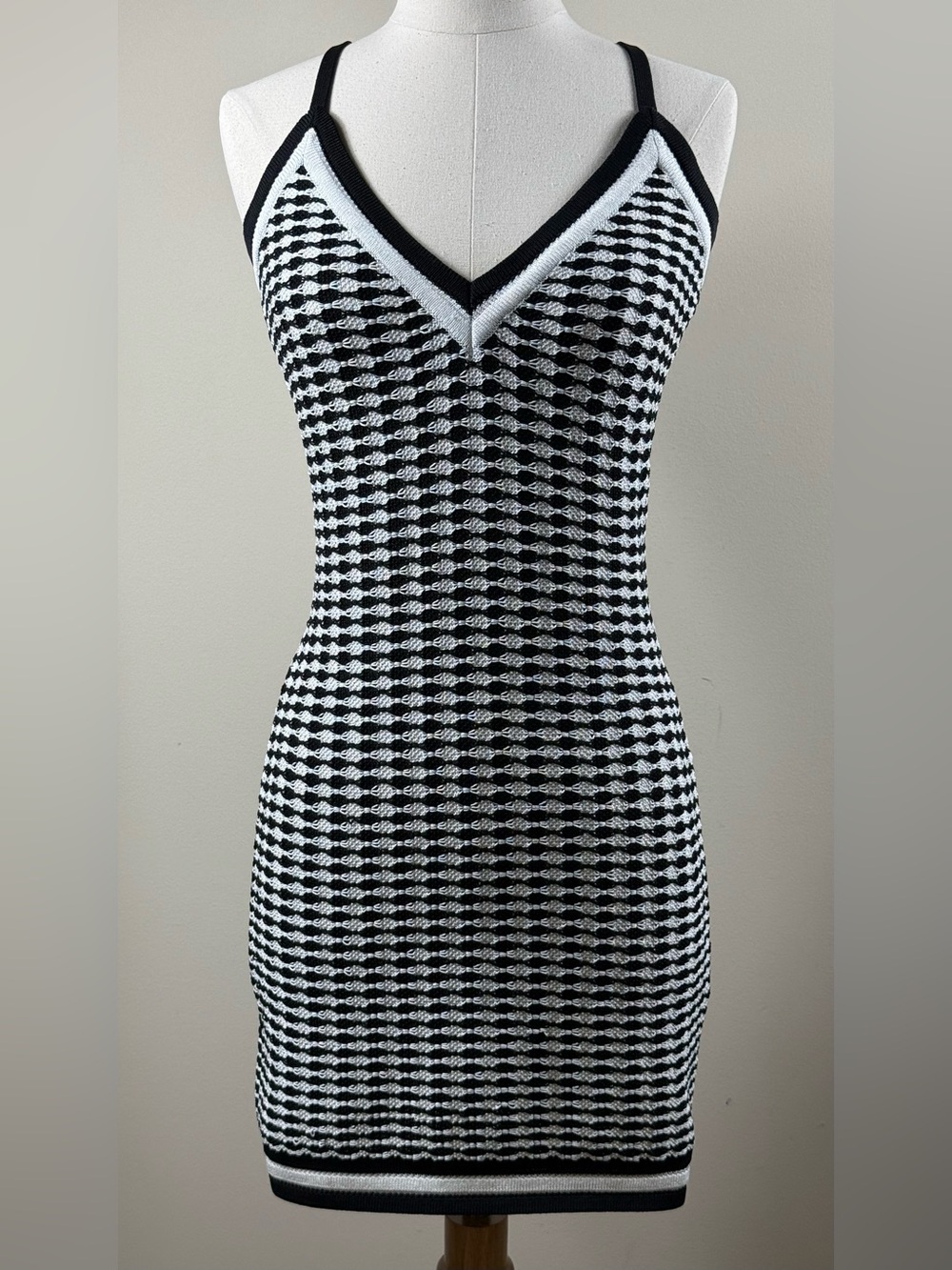 Balmain Paris Black White Knit Fitted Mini Dress Sz 38/US 6